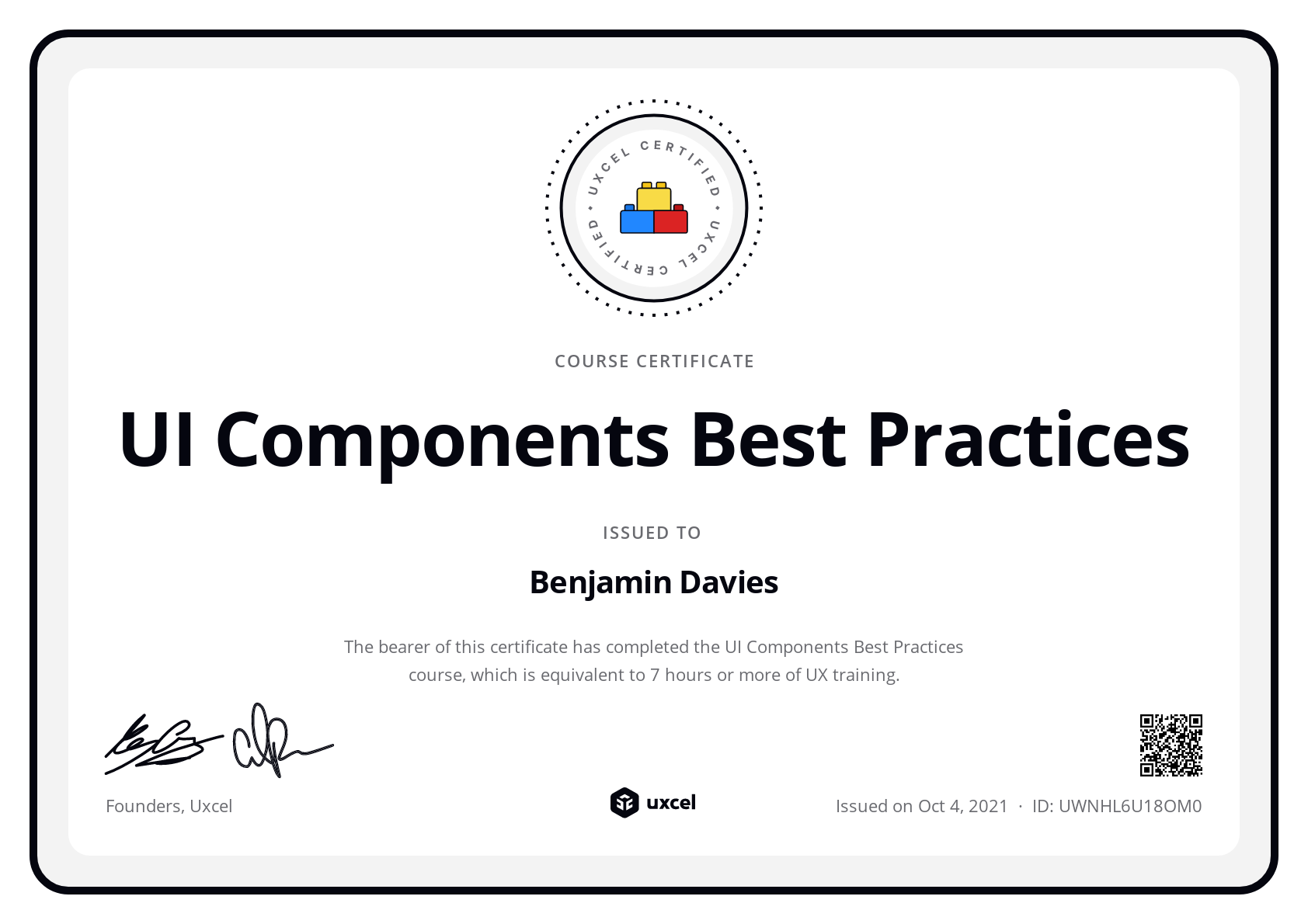 Ben Davies-Romano's certificate